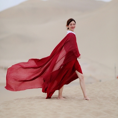 丝巾民族风防晒围巾夏天草原沙漠拍照酒红色披肩女新疆薄旅游旅行