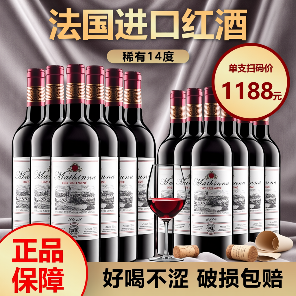 法国进口14度葡萄酒红酒整箱赤霞珠干红750ml古堡橡木桶10年国产