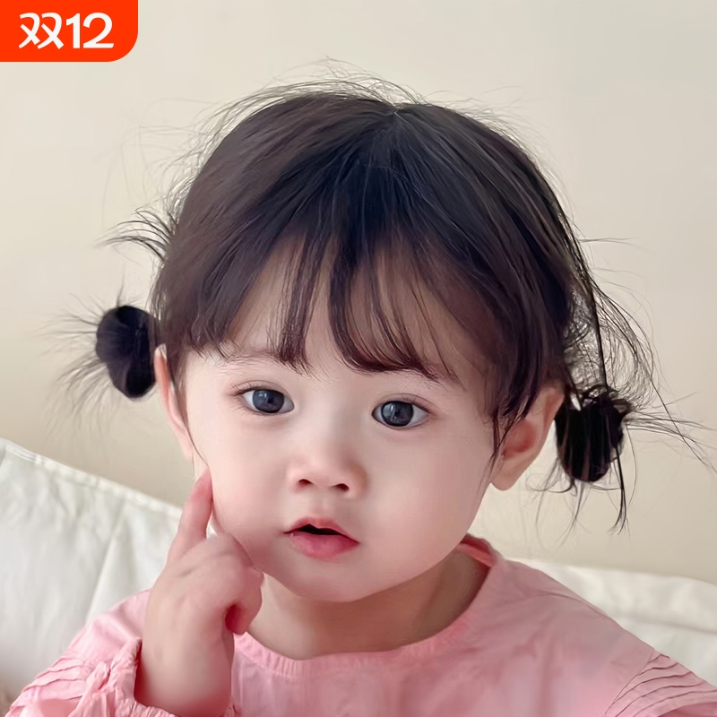双丸子头儿童假发女自然空气刘海短发萌娃头套全头齐刘海真人发丝