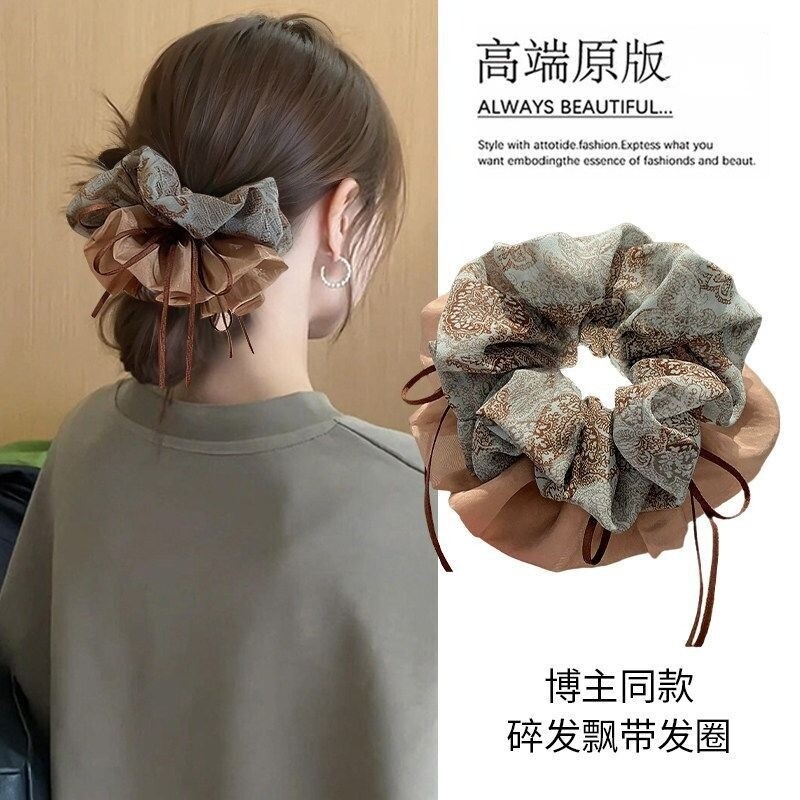 2026新款韩系高端碎花飘带大肠发圈女丸子头头绳扎头发绳头花发饰