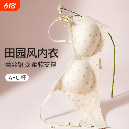 甜美纯欲风碎花内衣少女小胸聚拢无钢圈上托防下垂蕾丝文胸透气女