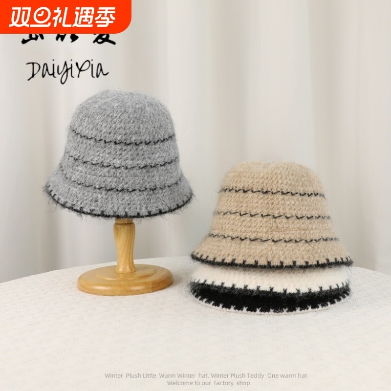 冬季毛绒保暖护耳针织渔夫帽水桶盆帽大头围显脸小帽子女条纹灰色