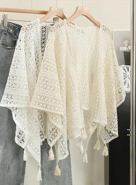 复古民族风披肩针织旗袍新款流苏开衫女外搭蕾丝白色红色杏色带帽