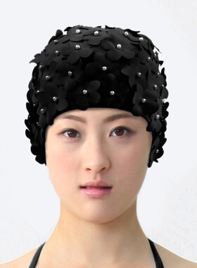 HNSD女士手工花瓣护耳帽长发短发成人布帽大号时尚舒适游泳帽