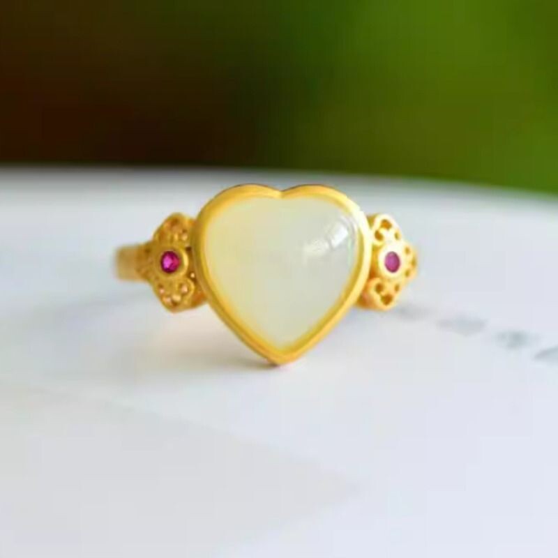 时尚国风和田白玉925银镶小众气质百搭开口戒指女士款真玉石指环