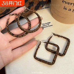 欧美几何方形豹纹耳圈女小众设计感显脸小耳环秋冬高级感百搭耳饰