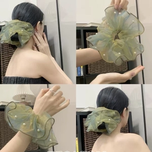 初春感人鱼发圈色薄荷绿流光纱钉珠高颜值爆款后脑勺盘发法式高级