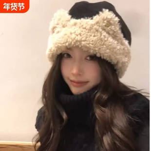 可爱猫耳朵女秋冬季显脸小加绒加厚保暖防寒毛绒帽护耳帽子针织帽