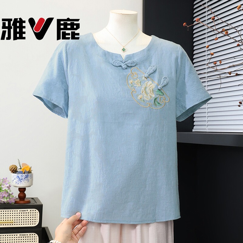 雅鹿中老年人棉质短袖T恤夏装洋气妈妈端庄大气衣服大码上衣套装