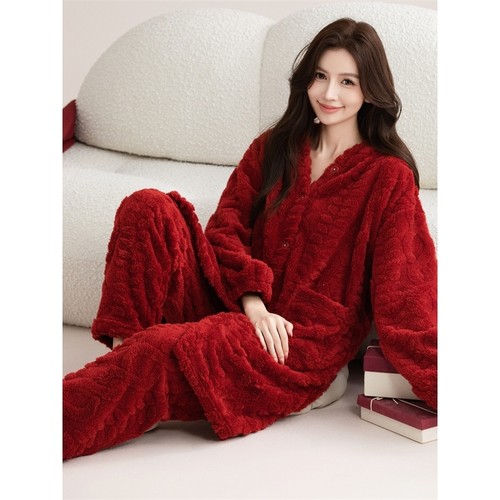 红豆睡衣女秋季长袖开衫加长款加肥加大码法兰绒套装女人中长款