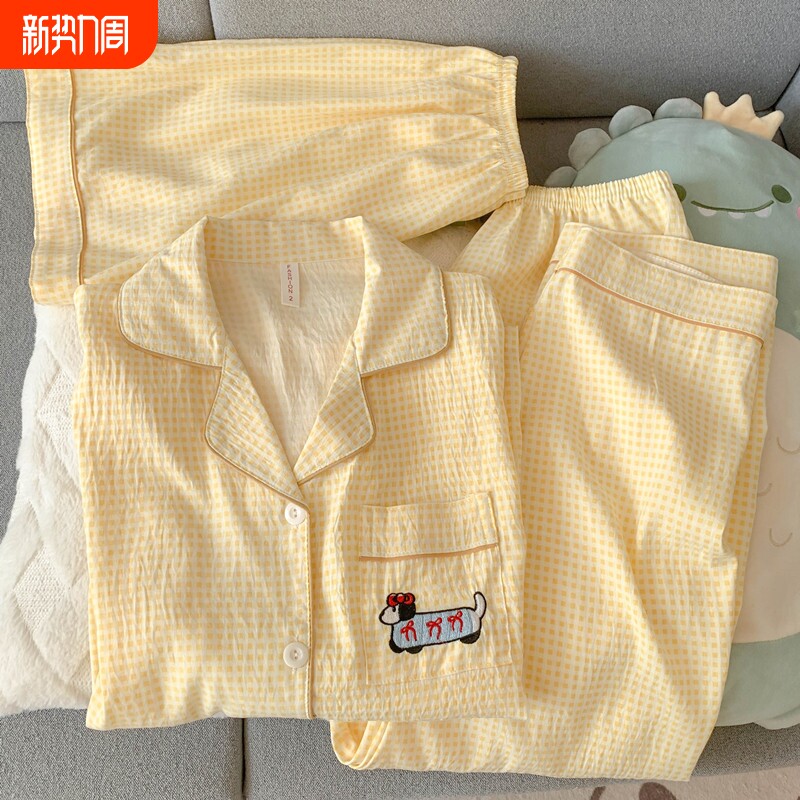 红豆腊肠狗睡衣女款2026新款夏季纯棉纱布短袖三件套装开衫棉绸家