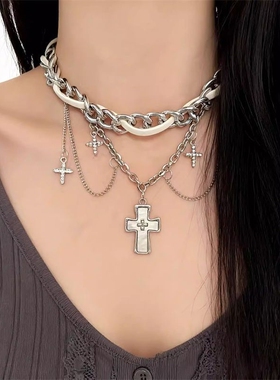 甜酷十字架流苏项链小众个性y2k亚文化皮质choker项圈缠绕锁骨链