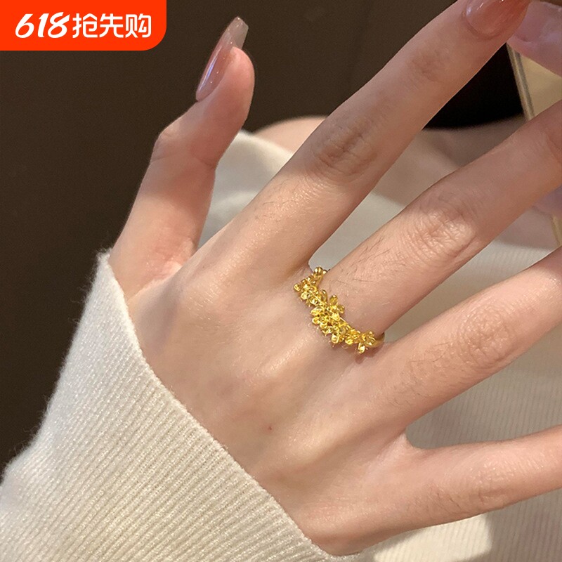 着迷桂花戒指女古法黄金色复古宫廷风小众设计感高级气质食指戒