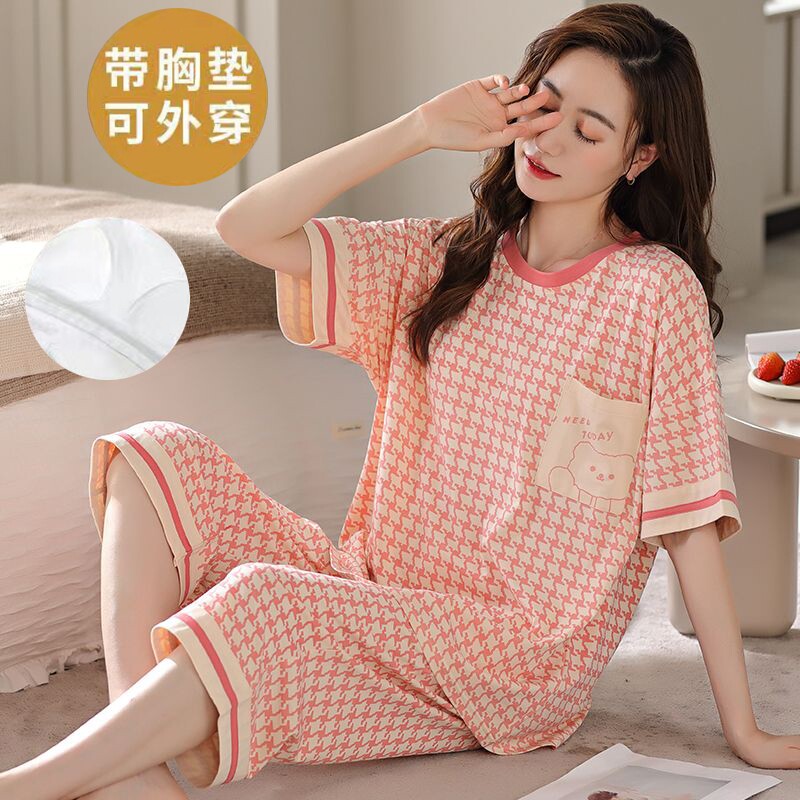 睡衣女夏季莫代尔七分裤妈妈家居服短袖大码宽松套装带胸垫可外穿