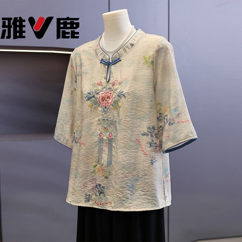 雅鹿妈妈夏装国风刺绣上衣服中年女装2026新款中老年半袖麻感T恤