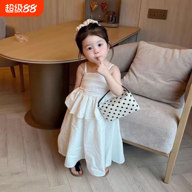 女宝宝夏季简约吊带裙女童夏装长裙白色纯棉裙子儿童装法式连衣裙