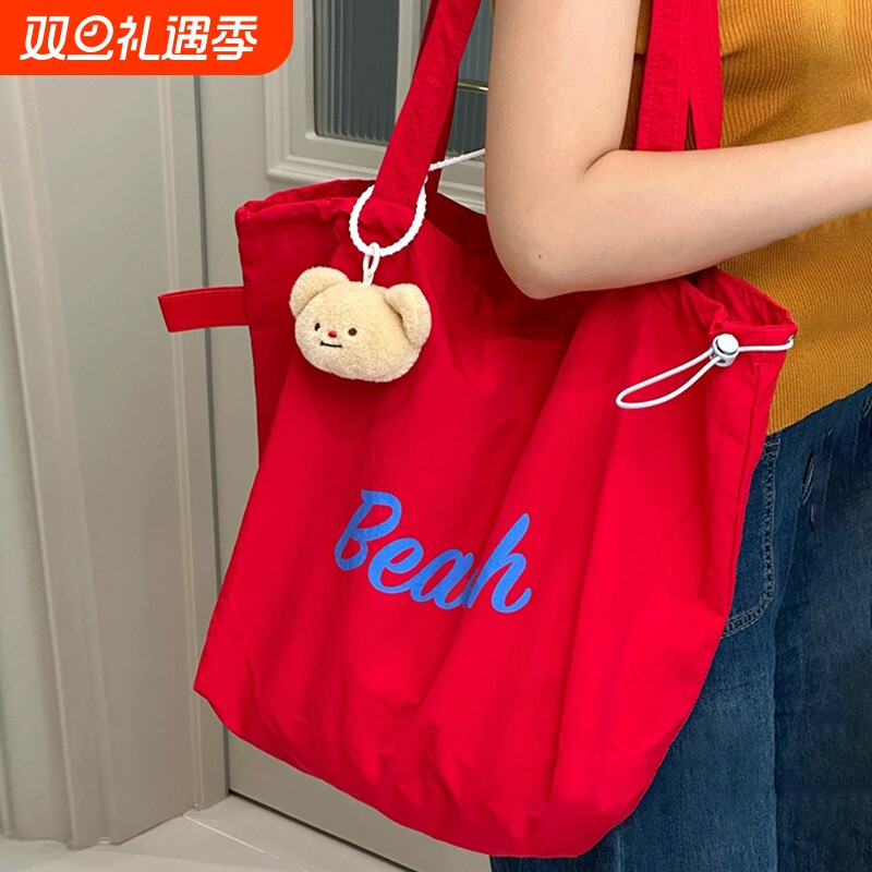 日系轻便ins风单肩包包女 旅游红色学生党通勤托特包大容量帆布袋