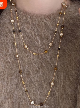 美虎眼石珍珠项链女秋冬季2026爆款轻奢高级感长款毛衣链法式棕色