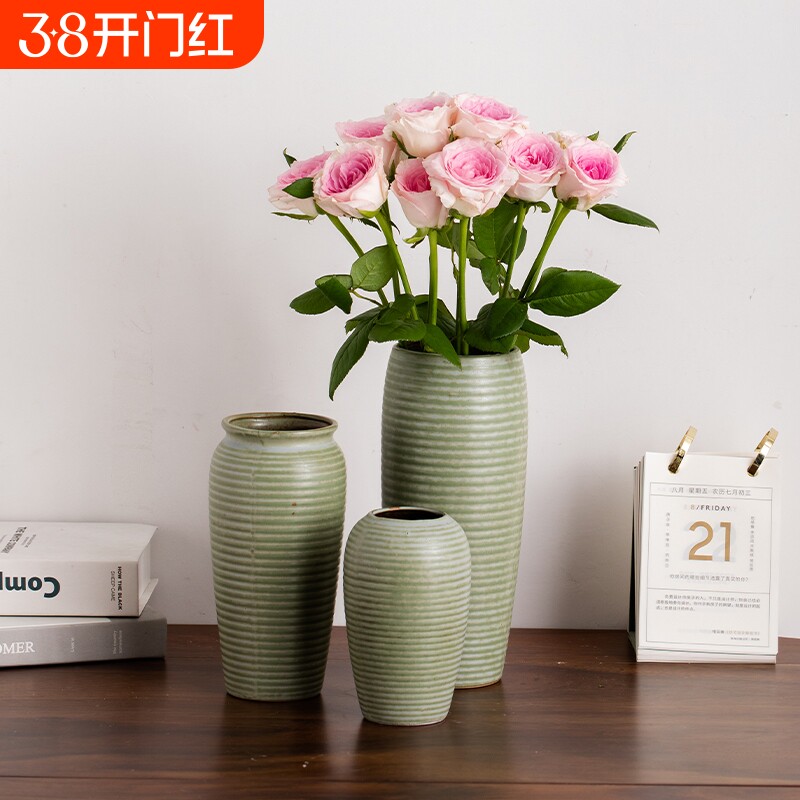 新中式复古陶瓷花瓶干花鲜花陶罐客厅插花摆件轻奢高级感绿色花器