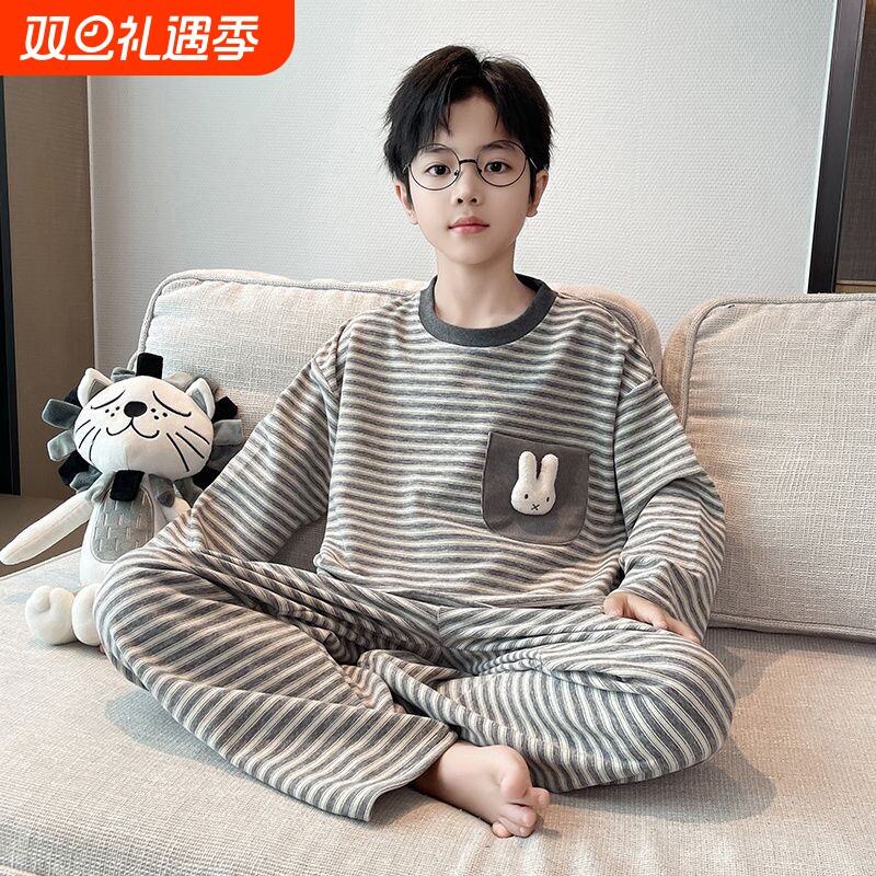 2025年儿童睡衣家居服时尚春秋新款翻领长袖女童男童套装大童空调