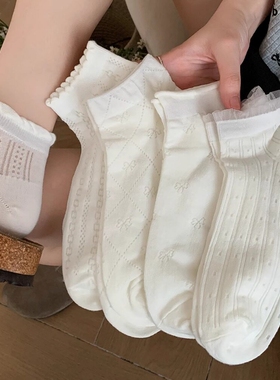白色卷边袜子女款短袜ins潮miu系夏薄款镂空日系花边芭蕾风中筒袜