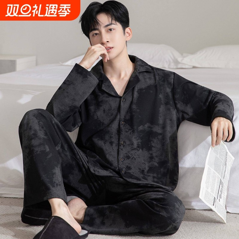 红豆男士睡衣秋冬季德绒长袖加厚保暖加大码青少年可外穿家居服套