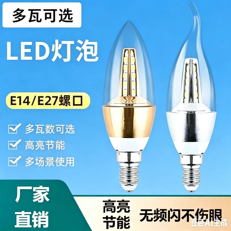 led灯泡e14e27大小螺口家用节能5W-24W水晶吊顶蜡烛尖