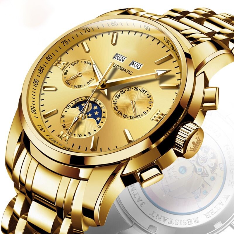 正品瑞士2024新款手表男士全自动机械风防水精钢带双日历男表夜光