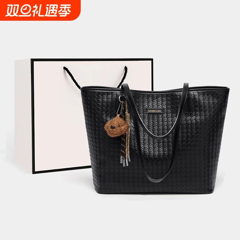 伊布古奇高级感大容量包包2025新款女包通勤单肩包托特包黑色编织