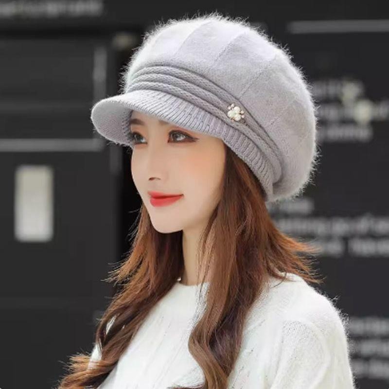 冬天加绒加厚护耳保暖帽帽子女秋鸭舌贝雷帽针织帽兔毛帽毛线帽女