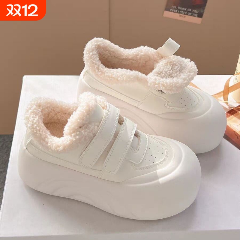 同款厚底配阔腿裤小白鞋女冬季加绒保暖棉鞋百搭休闲面包鞋魔术贴