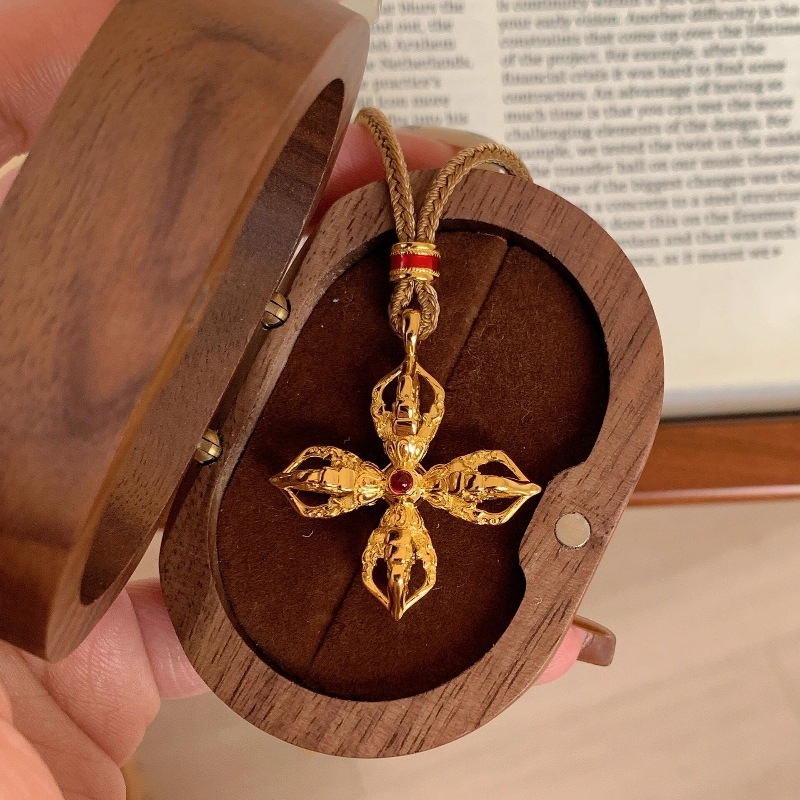 925新中式古法双面红宝石十字金刚杵项链复古吊坠高级时尚毛衣链