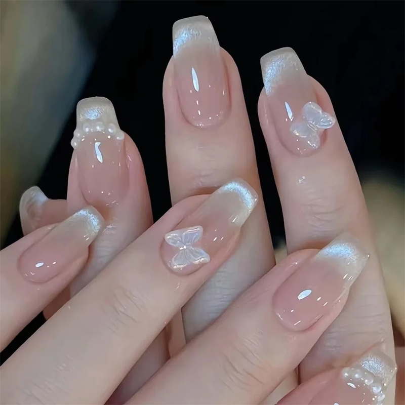 晶石猫眼美甲短款立体蝴蝶法式中长款2025新款高级感穿戴甲贴片