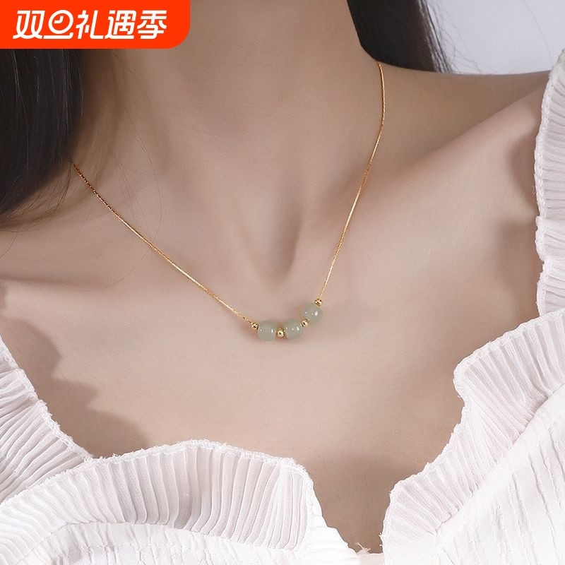 简约气质高级感玉石转运珠吊坠项链女轻奢银色设计感锁骨链夏