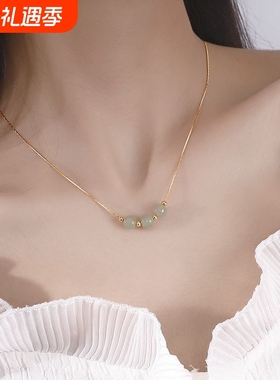 简约气质高级感玉石转运珠吊坠项链女轻奢银色设计感锁骨链夏