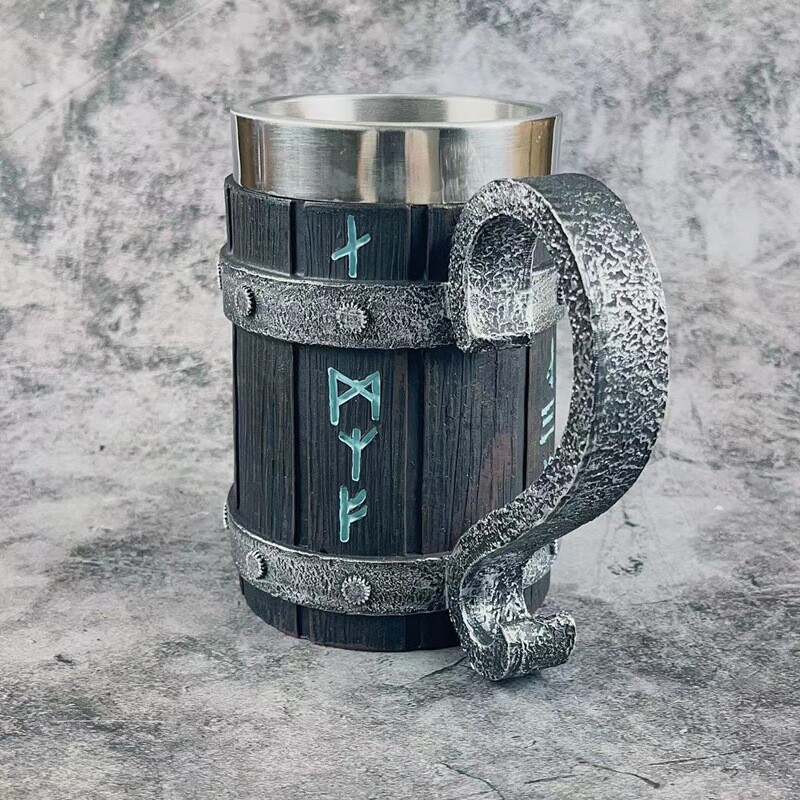 新款304树脂不锈钢木桶啤酒杯个性竹片木桶马克杯大容量酒吧杯子