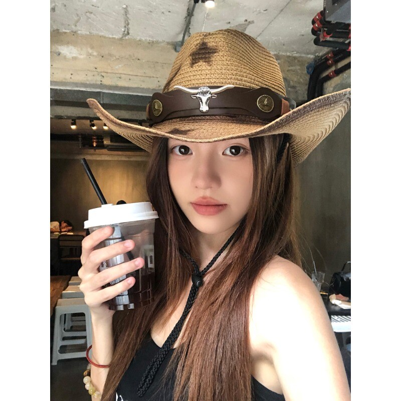 夏季女款欧美西部牛仔草帽户外休闲防晒帽翘檐帽遮阳帽子