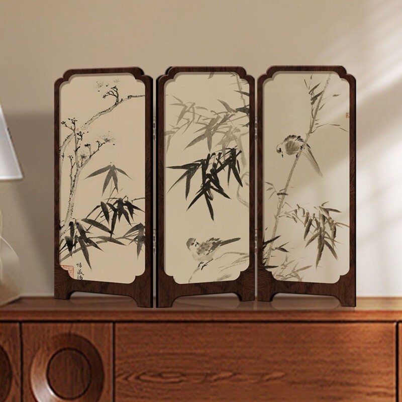 新中式墨竹小屏风桌面摆件中古风办公室茶桌玄关柜装饰品复古摆画