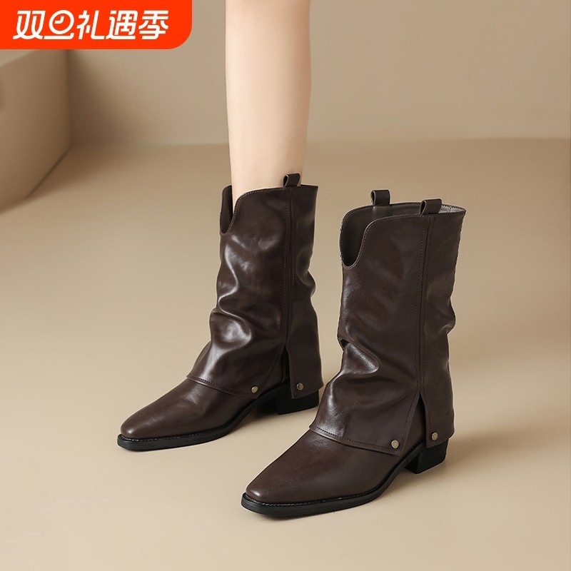 增高短靴女2025新春秋堆堆靴美拉德裤管骑士尖头马丁靴中筒高跟鞋