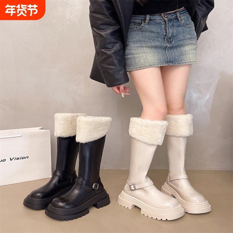 羊皮版羊羔毛显瘦不过膝长靴女秋冬新款厚底高筒靴女加绒折加绒,女鞋,时装靴,淘宝优惠券,粉丝福利购,淘宝优惠卷