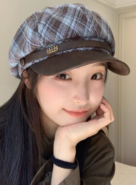 显脸小英伦风格纹毛呢八角帽黑复古贝雷帽女画家报童帽子格子冬季