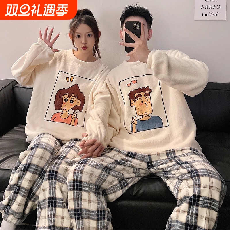 秋冬季珊瑚绒情侣睡衣女加厚加绒法兰绒蜡笔小新男士家居服德绒