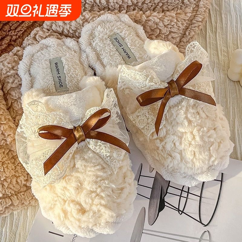 冬季棉拖鞋女款学生版蝴蝶结厚底防滑保暖居家休闲百搭家庭拖鞋女