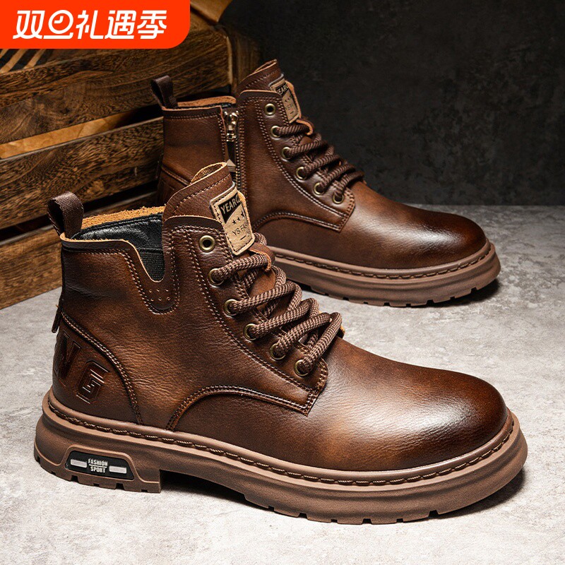 真皮马丁靴男士高帮英伦风增高秋冬抖音中帮工装潮鞋加绒防滑舒适