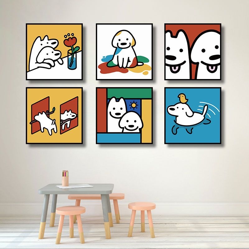 墙面趣味挂画背景墙床头卡通ins狗狗猫咪动漫插画油画无框装饰画图片