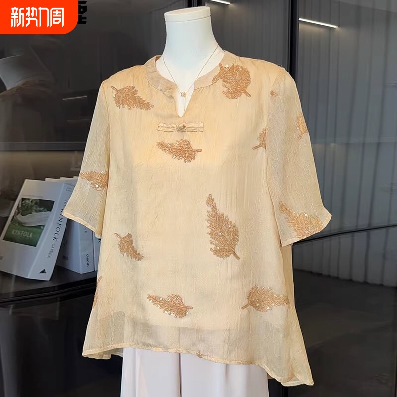 雅鹿国风中年妈妈夏装短袖T恤套装雪纺小衫中老年女装绣花上衣服