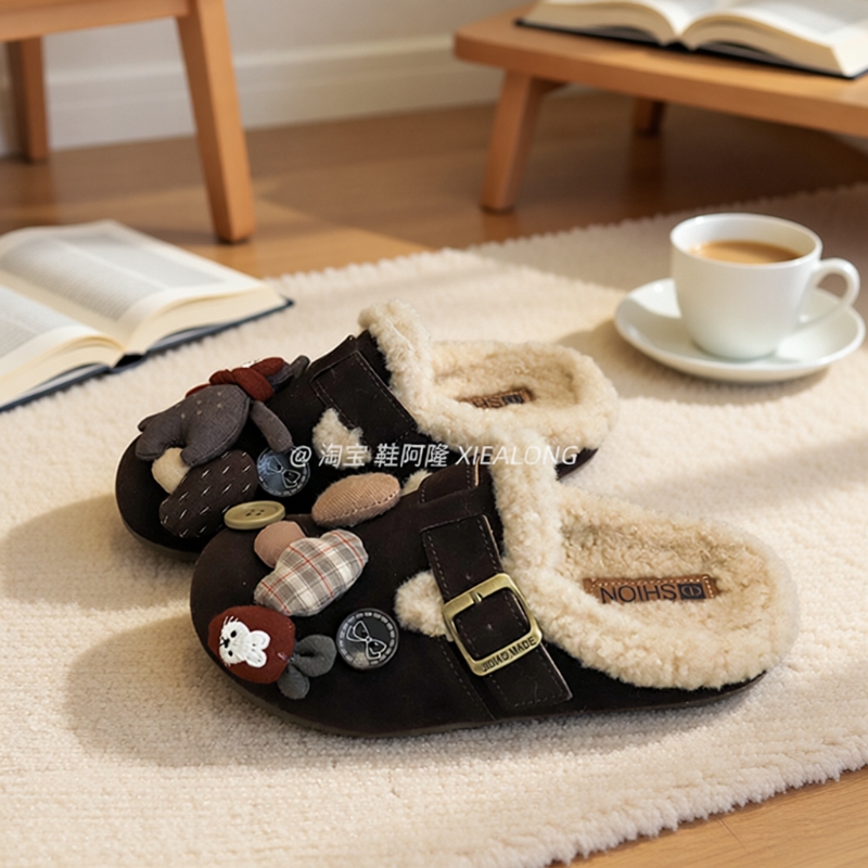 可爱卡通勃肯鞋女外穿2025冬新款一脚蹬加绒棉鞋厚底包头毛毛拖鞋