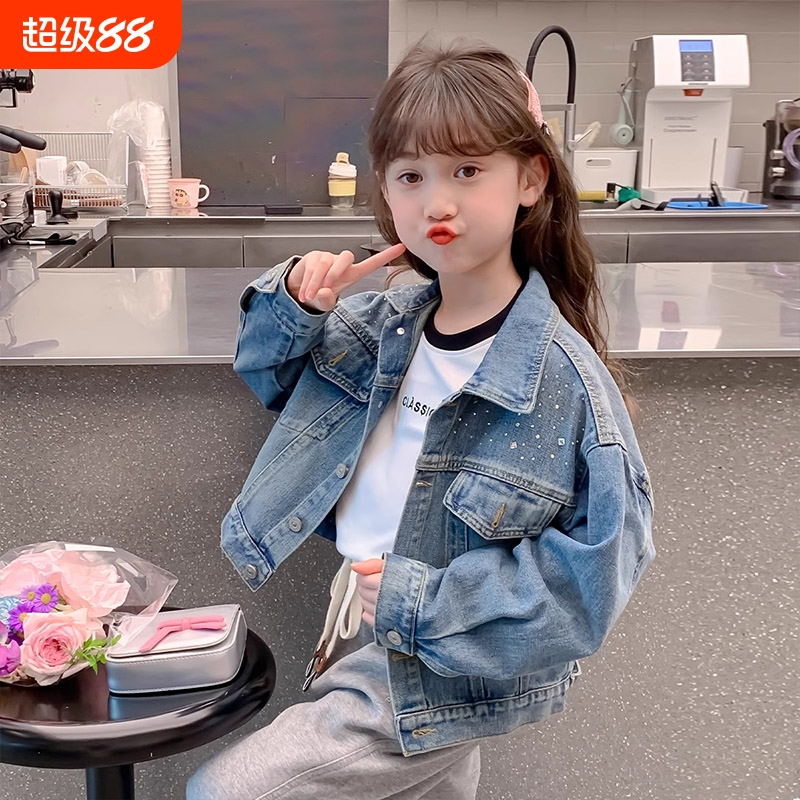 女童春秋季新款牛仔外套童装大童洋气时尚女孩宽松短款夹克上衣