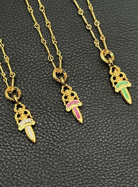 ODEK高级感22k金色白钻宝剑项链男女重工vintage匕首吊坠经典