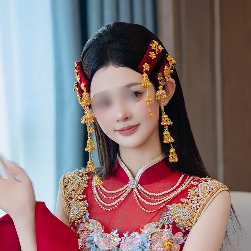 易梦玲同款红色夹边风铃流苏秀禾发夹龙凤汉服马面中式发饰MT064